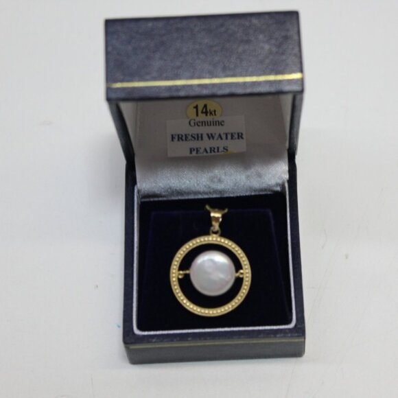 Pretty 14K Yellow Gold Genuine Floating Coin Pearl Necklace with 14K Rolo Chain - Picture 1 of 9